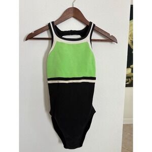 Vintage Jag Black Green White Ribbed Swimsuit Sleeveless Size 6 Womens USA Made